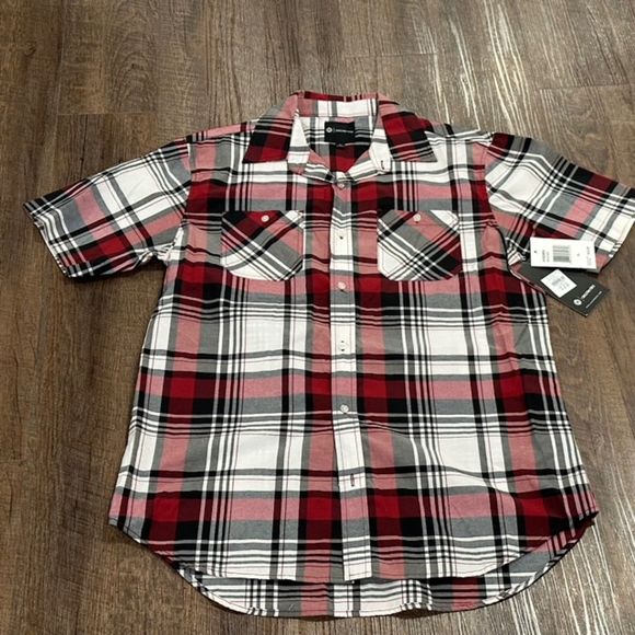 NWT AKADEMIKS Black/Red/Multi PLAID Twill 2-POCKET Men's BUTTON-UP Shirt Sz XL - Picture 1 of 9